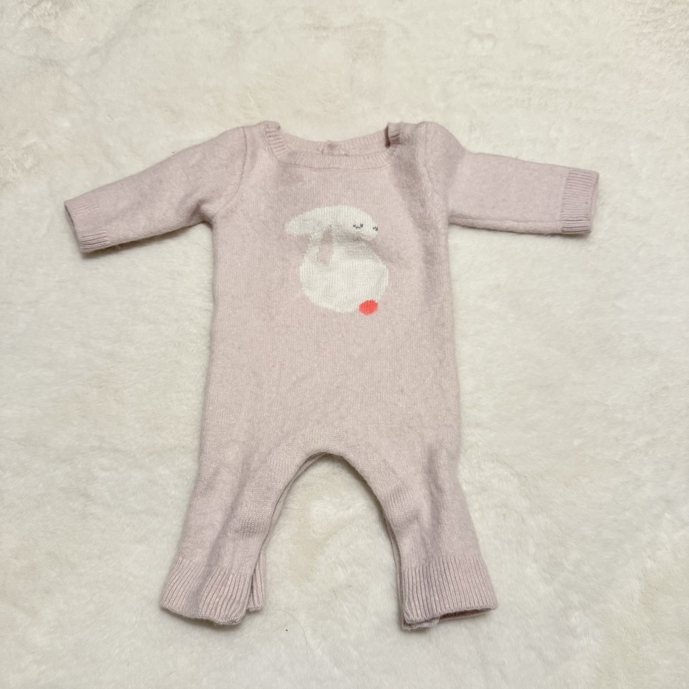 Jacadi Paris Long Sleeve Sweater Romper Pink Overall Baby Bunny Size  1M
